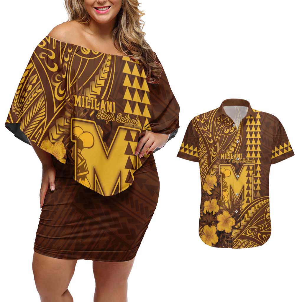 Personalised Hawaii Mililani High School Couples Matching Off Shoulder Short Dress and Hawaiian Shirt Tribal Tattoo With Hibiscus Flowers
