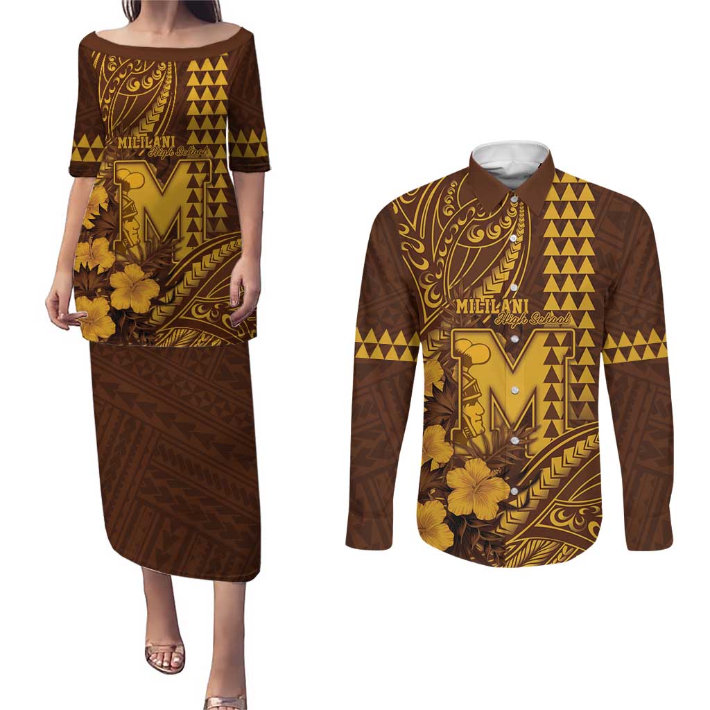 Personalised Hawaii Mililani High School Couples Matching Puletasi and Long Sleeve Button Shirt Tribal Tattoo With Hibiscus Flowers