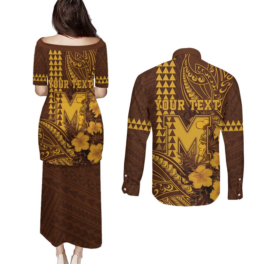 Personalised Hawaii Mililani High School Couples Matching Puletasi and Long Sleeve Button Shirt Tribal Tattoo With Hibiscus Flowers