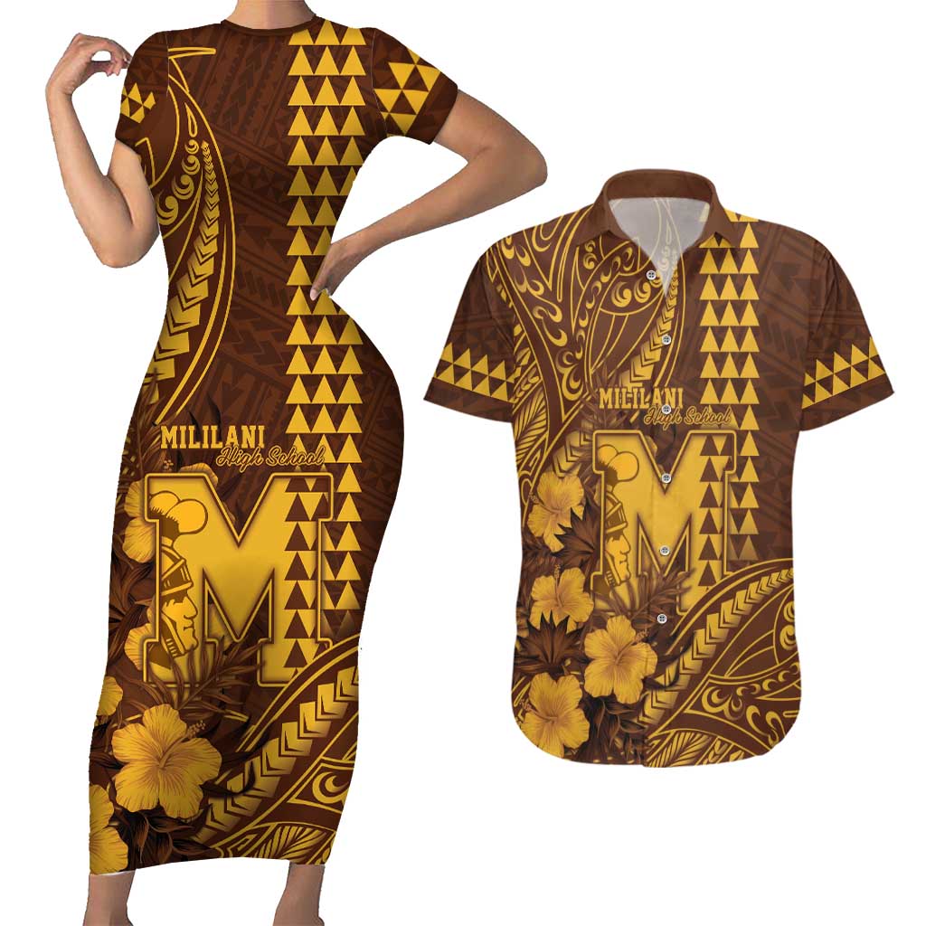 Personalised Hawaii Mililani High School Couples Matching Short Sleeve Bodycon Dress and Hawaiian Shirt Tribal Tattoo With Hibiscus Flowers