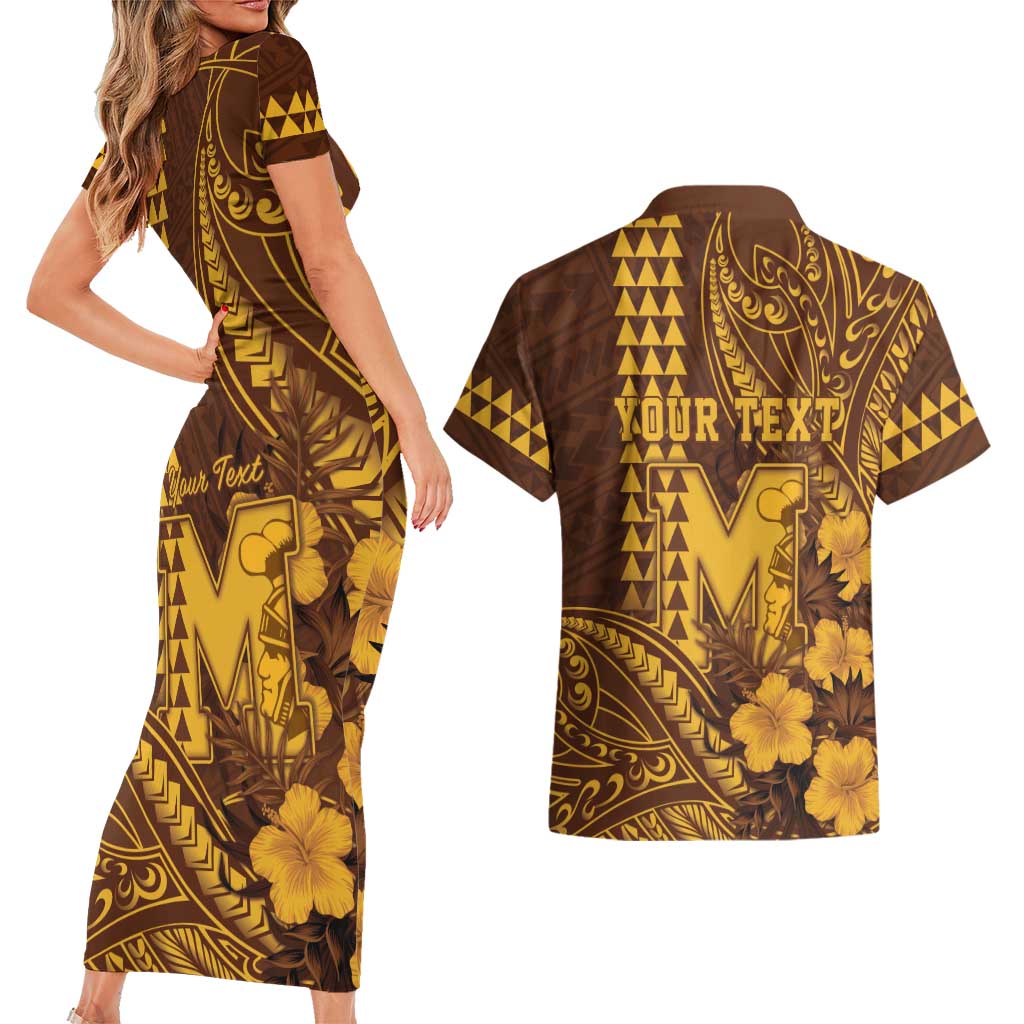 Personalised Hawaii Mililani High School Couples Matching Short Sleeve Bodycon Dress and Hawaiian Shirt Tribal Tattoo With Hibiscus Flowers