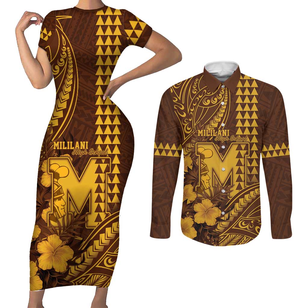 Personalised Hawaii Mililani High School Couples Matching Short Sleeve Bodycon Dress and Long Sleeve Button Shirt Tribal Tattoo With Hibiscus Flowers