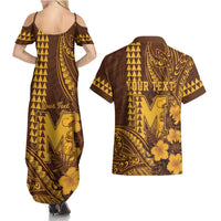 Personalised Hawaii Mililani High School Couples Matching Summer Maxi Dress and Hawaiian Shirt Tribal Tattoo With Hibiscus Flowers