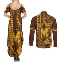Personalised Hawaii Mililani High School Couples Matching Summer Maxi Dress and Long Sleeve Button Shirt Tribal Tattoo With Hibiscus Flowers
