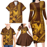 Personalised Hawaii Mililani High School Family Matching Long Sleeve Bodycon Dress and Hawaiian Shirt Tribal Tattoo With Hibiscus Flowers
