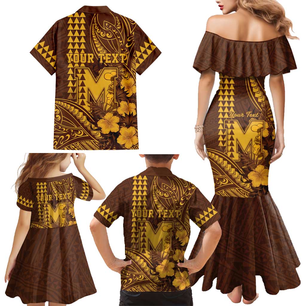 Personalised Hawaii Mililani High School Family Matching Mermaid Dress and Hawaiian Shirt Tribal Tattoo With Hibiscus Flowers