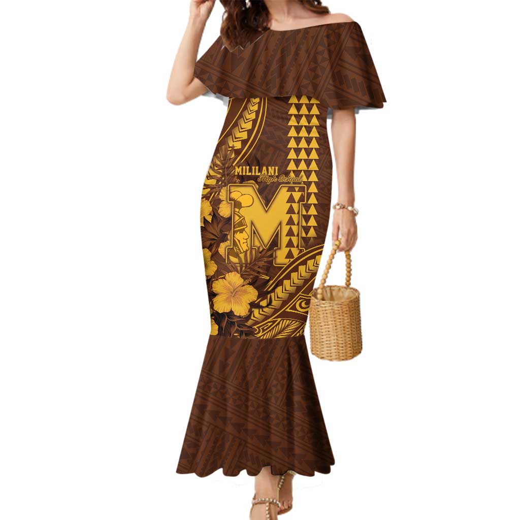 Personalised Hawaii Mililani High School Family Matching Mermaid Dress and Hawaiian Shirt Tribal Tattoo With Hibiscus Flowers