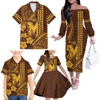 Personalised Hawaii Mililani High School Family Matching Off The Shoulder Long Sleeve Dress and Hawaiian Shirt Tribal Tattoo With Hibiscus Flowers