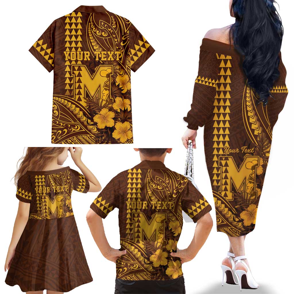 Personalised Hawaii Mililani High School Family Matching Off The Shoulder Long Sleeve Dress and Hawaiian Shirt Tribal Tattoo With Hibiscus Flowers