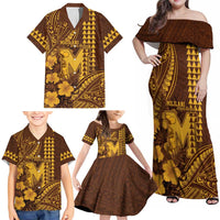 Personalised Hawaii Mililani High School Family Matching Off Shoulder Maxi Dress and Hawaiian Shirt Tribal Tattoo With Hibiscus Flowers
