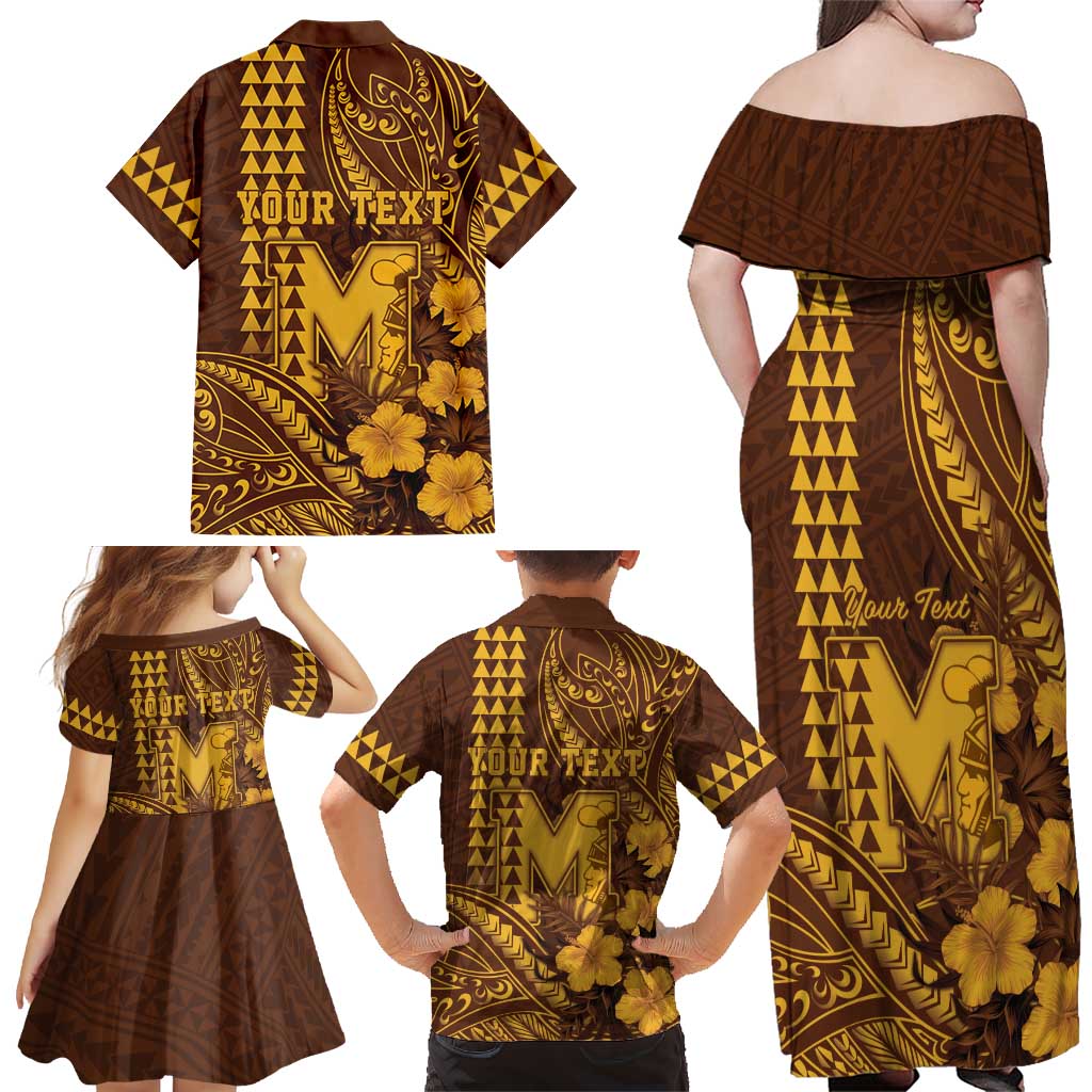 Personalised Hawaii Mililani High School Family Matching Off Shoulder Maxi Dress and Hawaiian Shirt Tribal Tattoo With Hibiscus Flowers