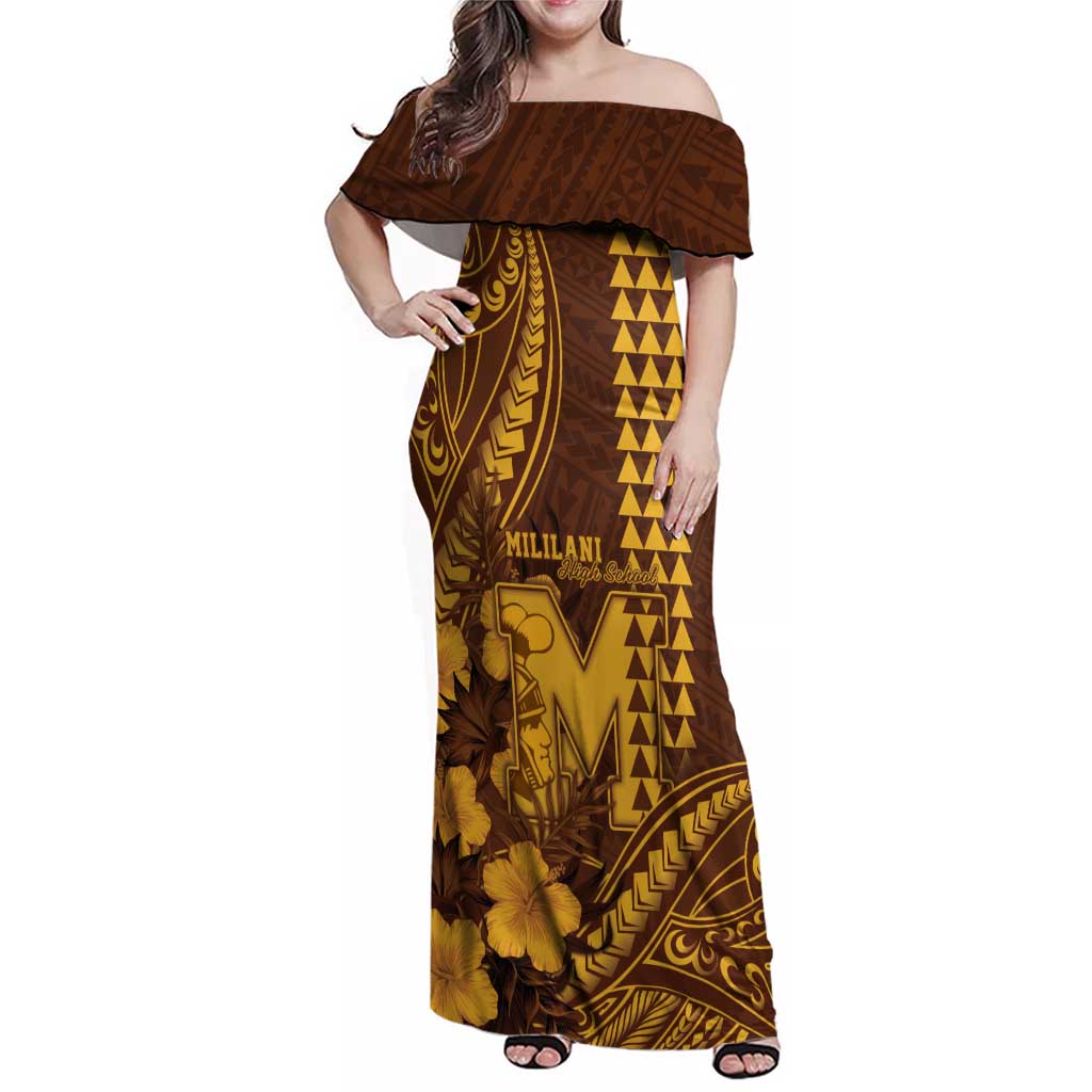 Personalised Hawaii Mililani High School Family Matching Off Shoulder Maxi Dress and Hawaiian Shirt Tribal Tattoo With Hibiscus Flowers