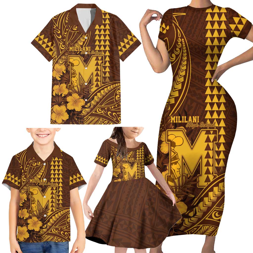 Personalised Hawaii Mililani High School Family Matching Short Sleeve Bodycon Dress and Hawaiian Shirt Tribal Tattoo With Hibiscus Flowers