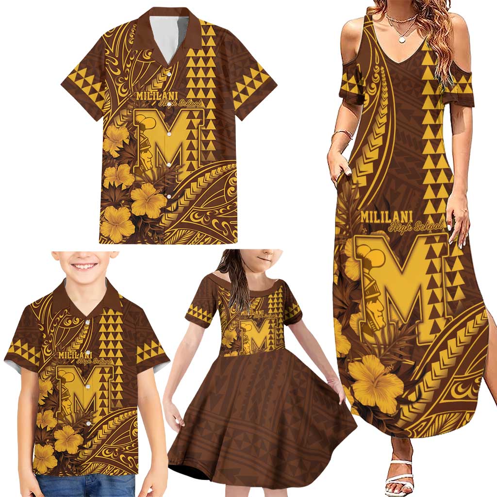 Personalised Hawaii Mililani High School Family Matching Summer Maxi Dress and Hawaiian Shirt Tribal Tattoo With Hibiscus Flowers