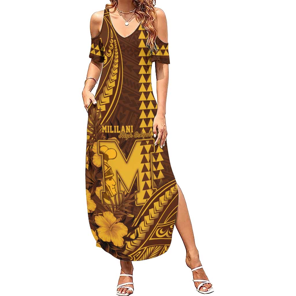 Personalised Hawaii Mililani High School Family Matching Summer Maxi Dress and Hawaiian Shirt Tribal Tattoo With Hibiscus Flowers