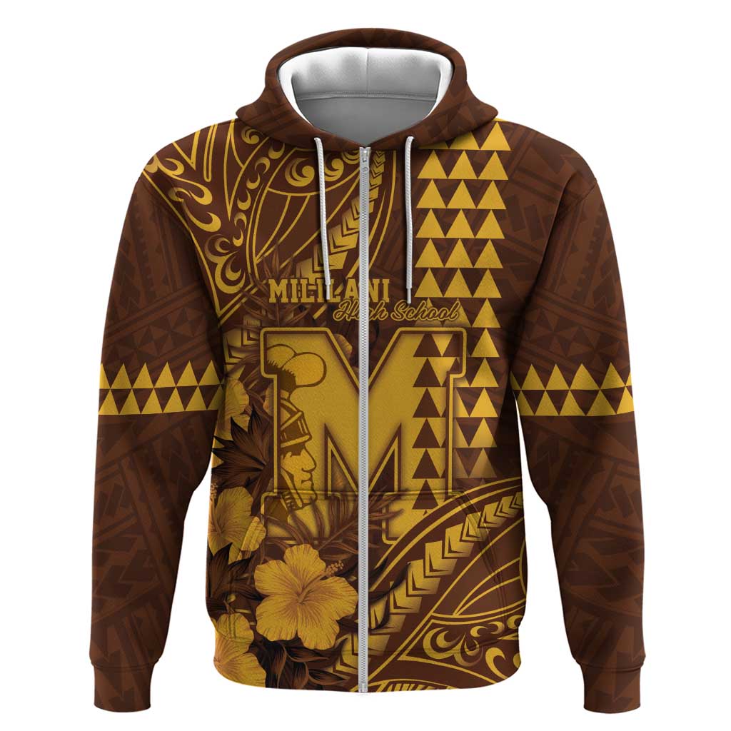 Personalised Hawaii Mililani High School Hoodie Tribal Tattoo With Hibiscus Flowers LT05 Zip Hoodie Brown - Polynesian Pride