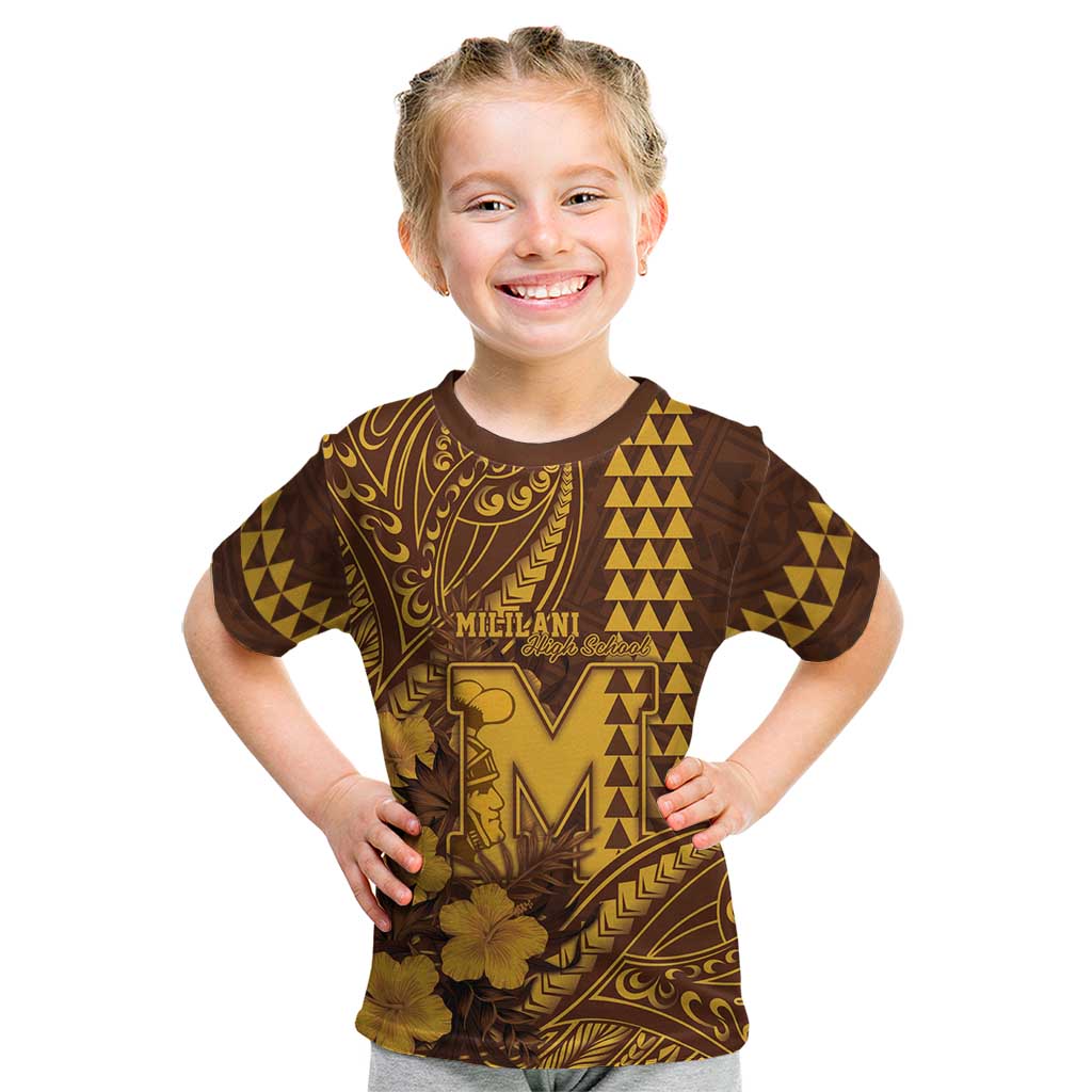 Personalised Hawaii Mililani High School Kid T Shirt Tribal Tattoo With Hibiscus Flowers LT05 Brown - Polynesian Pride