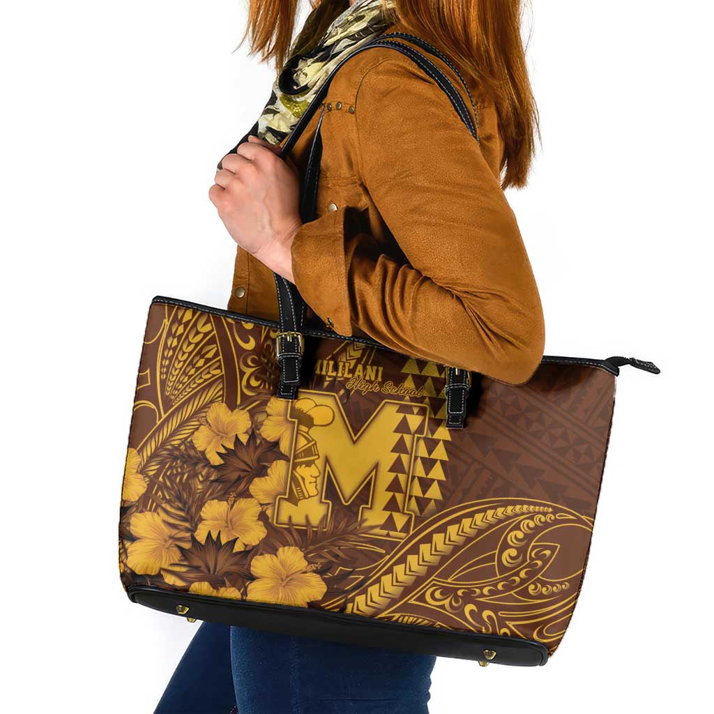Hawaii Mililani High School Leather Tote Bag Tribal Tattoo With Hibiscus Flowers LT05 Brown - Polynesian Pride