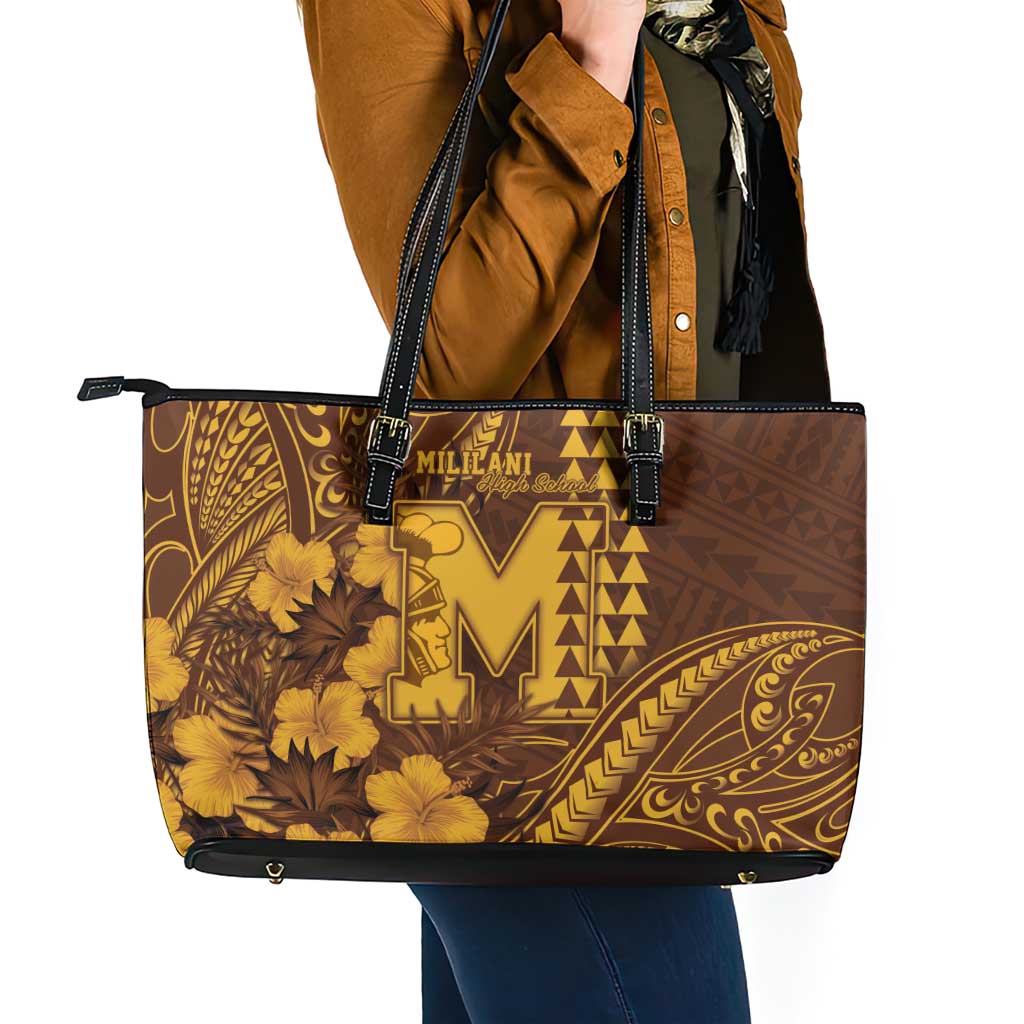 Hawaii Mililani High School Leather Tote Bag Tribal Tattoo With Hibiscus Flowers LT05 - Polynesian Pride