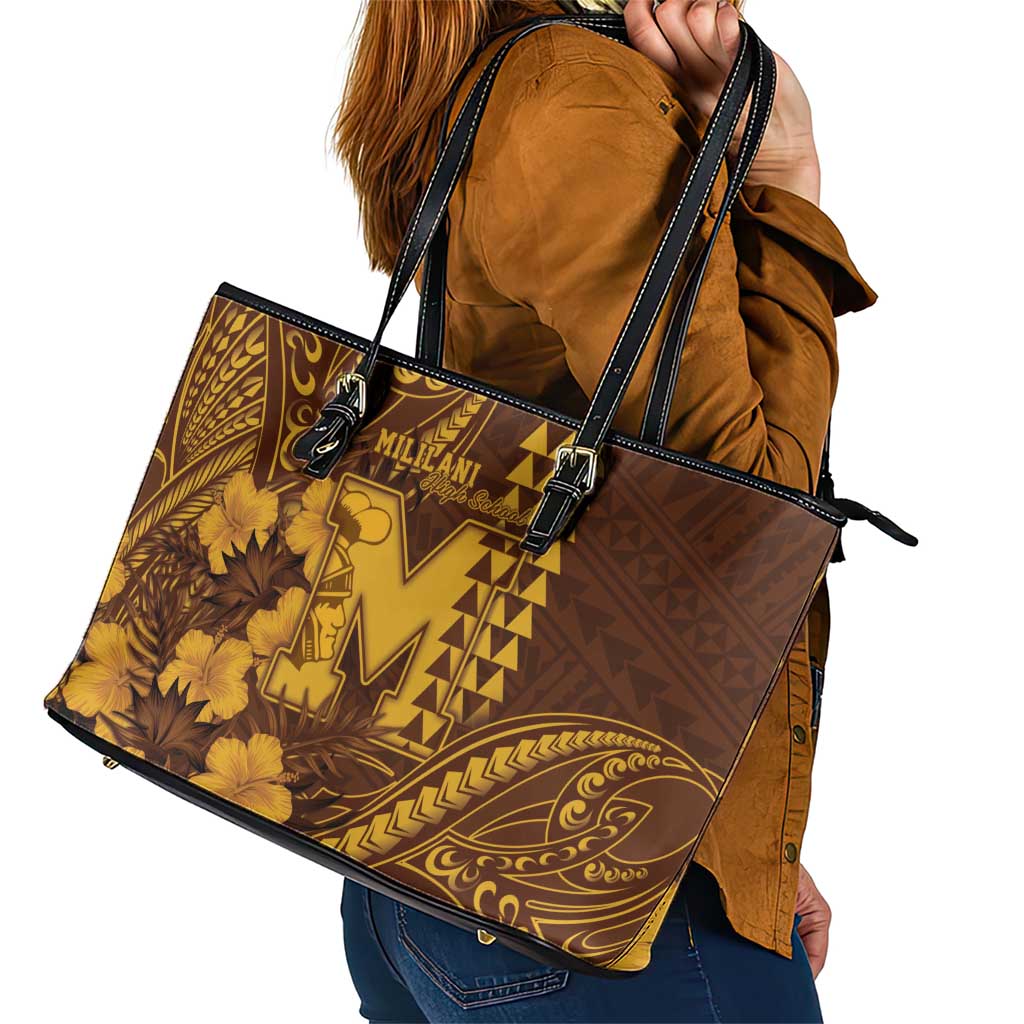 Hawaii Mililani High School Leather Tote Bag Tribal Tattoo With Hibiscus Flowers LT05 - Polynesian Pride