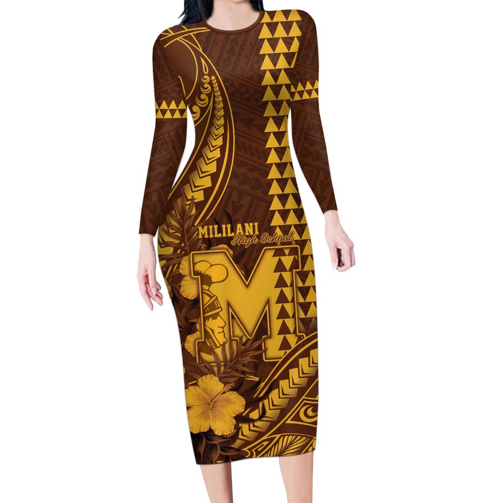 Personalised Hawaii Mililani High School Long Sleeve Bodycon Dress Tribal Tattoo With Hibiscus Flowers