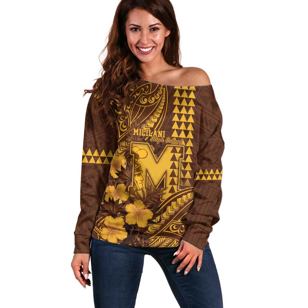 Personalised Hawaii Mililani High School Off Shoulder Sweater Tribal Tattoo With Hibiscus Flowers LT05 Women Brown - Polynesian Pride