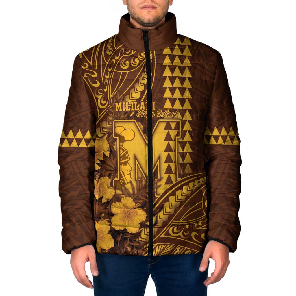 Personalised Hawaii Mililani High School Padded Jacket Tribal Tattoo With Hibiscus Flowers LT05 Men Brown - Polynesian Pride