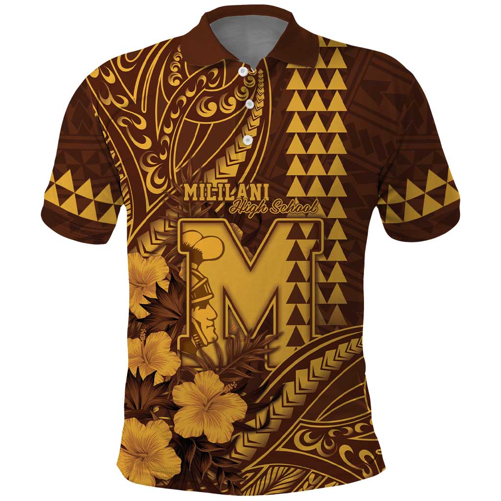Personalised Hawaii Mililani High School Polo Shirt Tribal Tattoo With Hibiscus Flowers LT05 Brown - Polynesian Pride