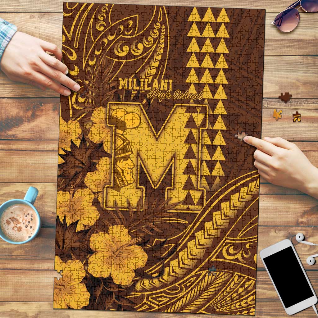 Hawaii Mililani High School Puzzle Tribal Tattoo With Hibiscus Flowers LT05 Brown - Polynesian Pride