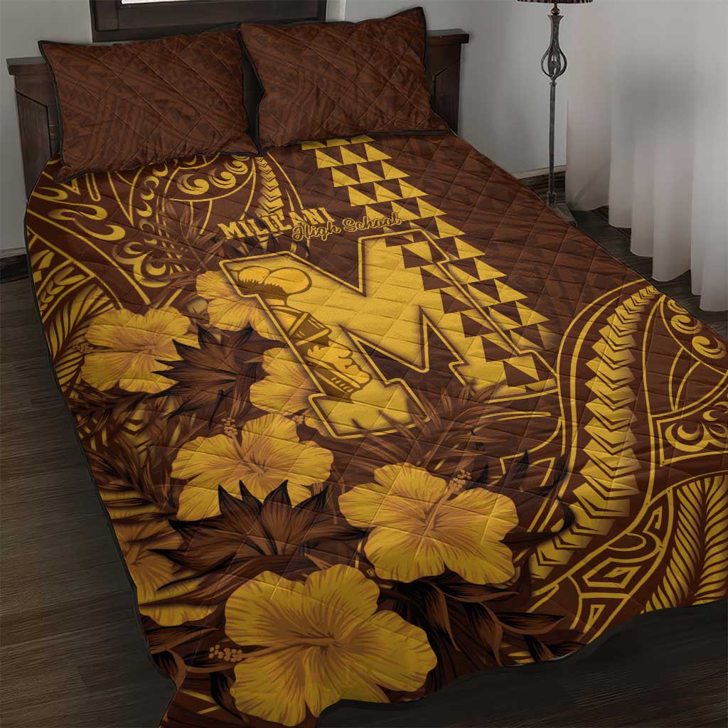 Hawaii Mililani High School Quilt Bed Set Tribal Tattoo With Hibiscus Flowers LT05 Brown - Polynesian Pride