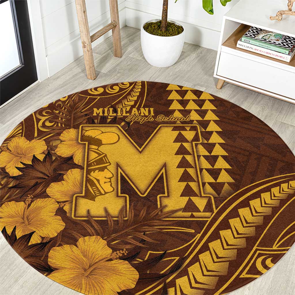 Hawaii Mililani High School Round Carpet Tribal Tattoo With Hibiscus Flowers LT05 Brown - Polynesian Pride