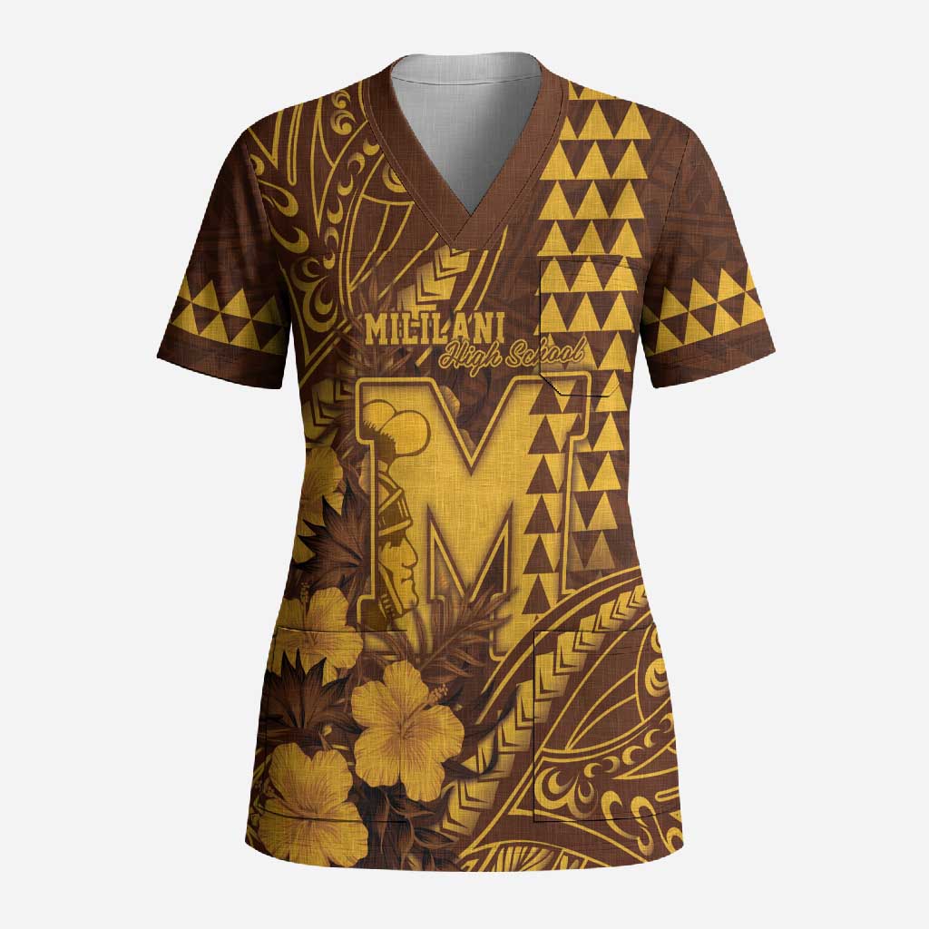 Personalised Hawaii Mililani High School Scrub Top Tribal Tattoo With Hibiscus Flowers