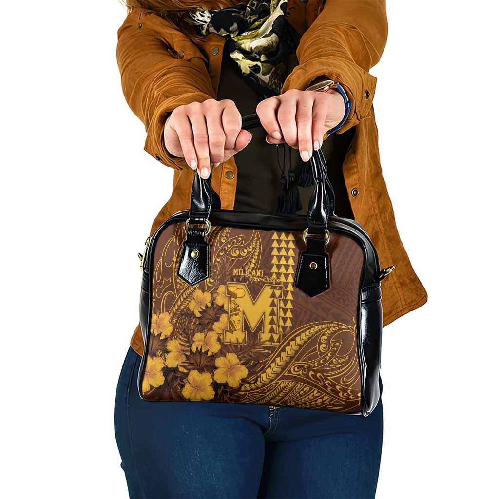 Hawaii Mililani High School Shoulder Handbag Tribal Tattoo With Hibiscus Flowers LT05 One Size Brown - Polynesian Pride