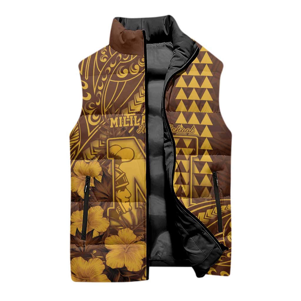 Personalised Hawaii Mililani High School Sleeveless Puffer Jacket Tribal Tattoo With Hibiscus Flowers LT05 - Polynesian Pride