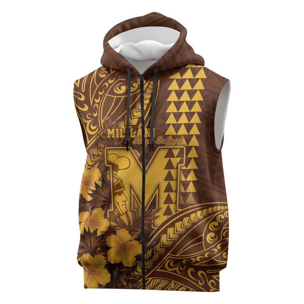 Personalised Hawaii Mililani High School Sleeveless Zip Hoodie Tribal Tattoo With Hibiscus Flowers LT05 Brown - Polynesian Pride