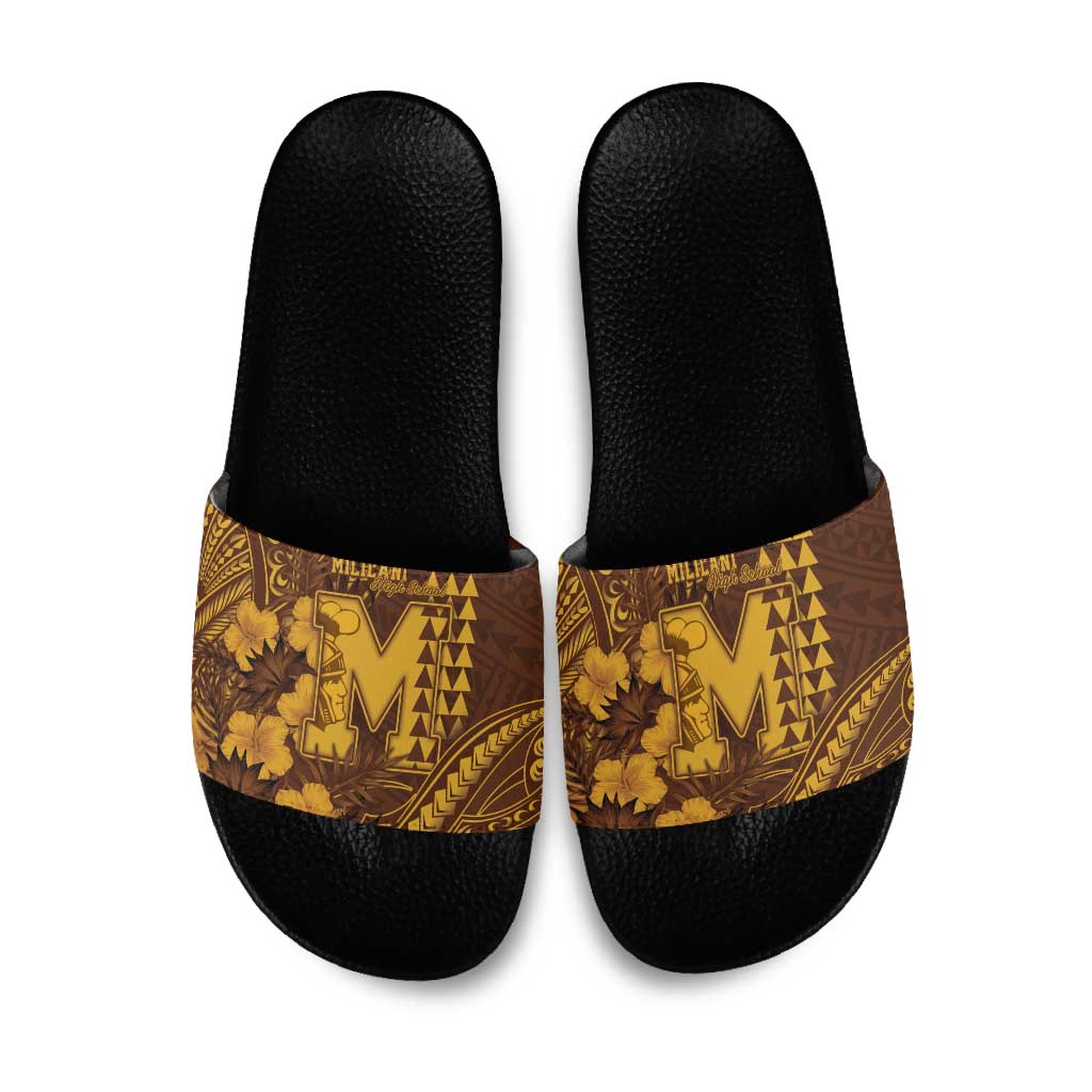 Hawaii Mililani High School Slide Sandals Tribal Tattoo With Hibiscus Flowers LT05 Brown - Polynesian Pride