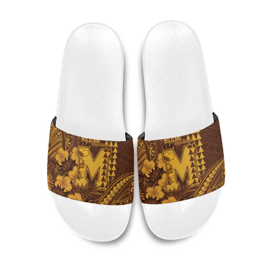 Hawaii Mililani High School Slide Sandals Tribal Tattoo With Hibiscus Flowers LT05 Brown - Polynesian Pride