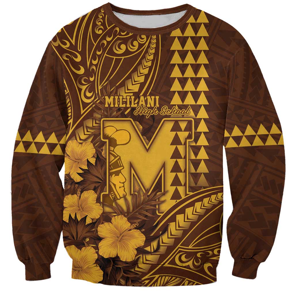 Personalised Hawaii Mililani High School Sweatshirt Tribal Tattoo With Hibiscus Flowers LT05 Unisex Brown - Polynesian Pride