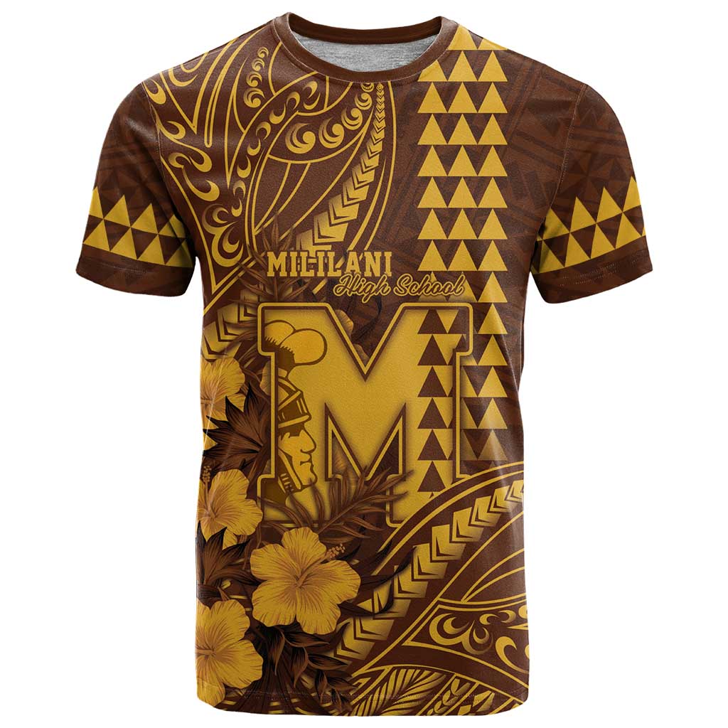 Personalised Hawaii Mililani High School T Shirt Tribal Tattoo With Hibiscus Flowers LT05 Brown - Polynesian Pride