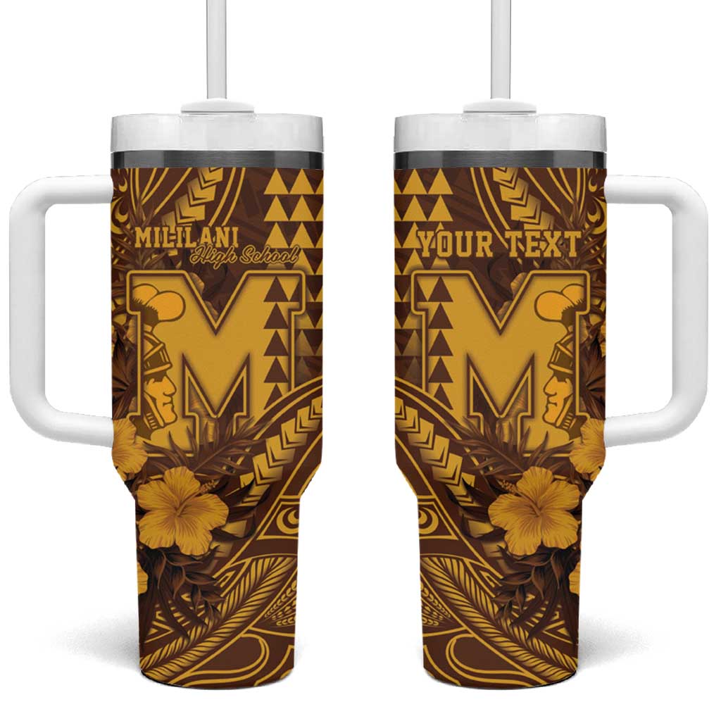 Personalised Hawaii Mililani High School Tumbler With Handle Tribal Tattoo With Hibiscus Flowers LT05 One Size: 40 oz Brown - Polynesian Pride