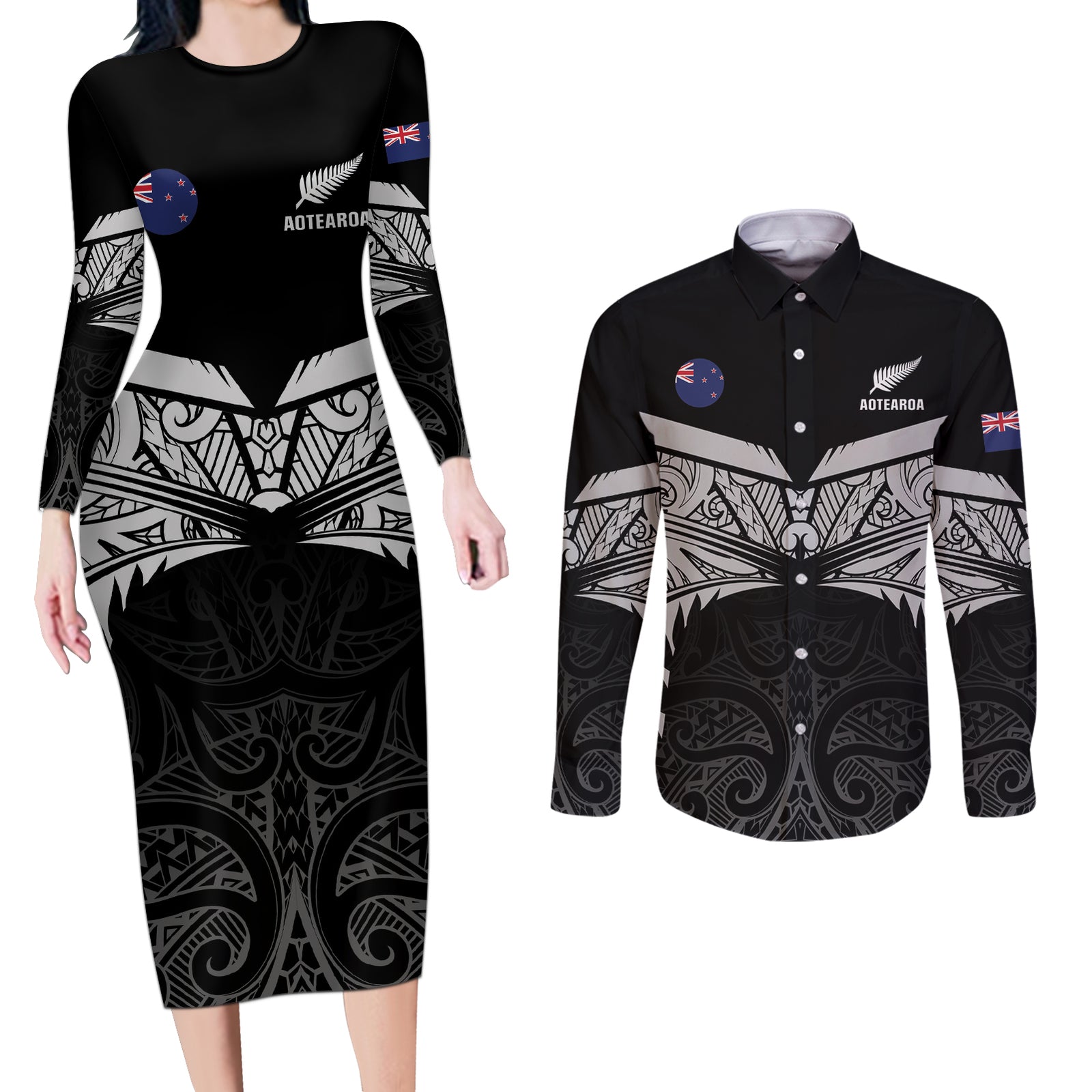 Custom New Zealand Cricket Couples Matching Long Sleeve Bodycon Dress and Long Sleeve Button Shirt Go Champions World Cup 2024 With Maori Pattern LT05 Black - Polynesian Pride