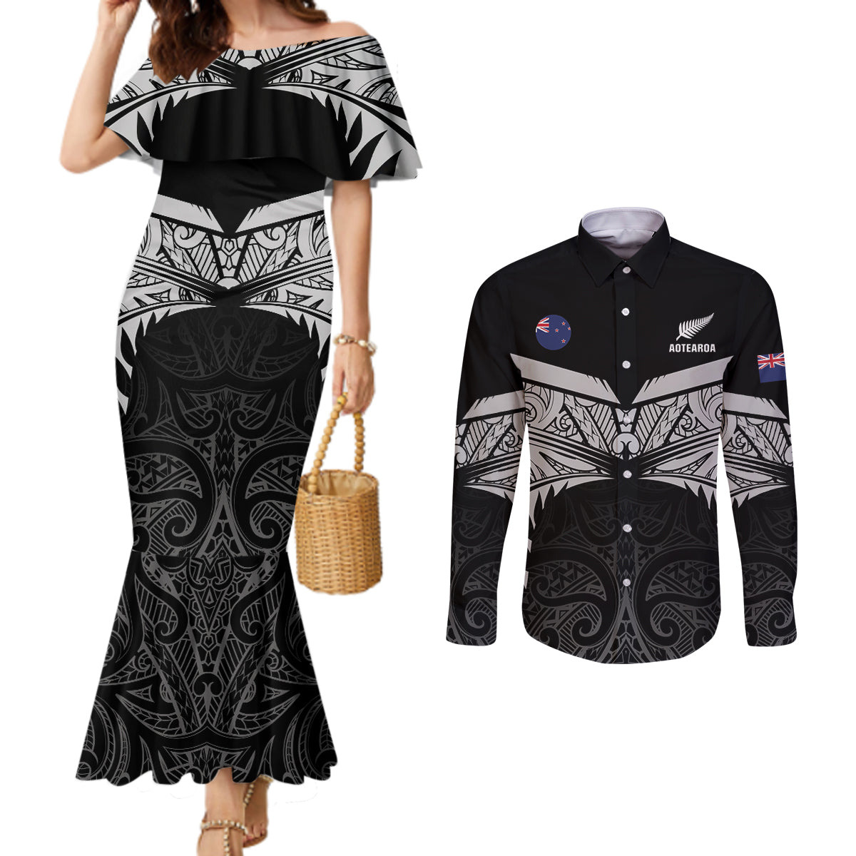 Custom New Zealand Cricket Couples Matching Mermaid Dress and Long Sleeve Button Shirt Go Champions World Cup 2024 With Maori Pattern