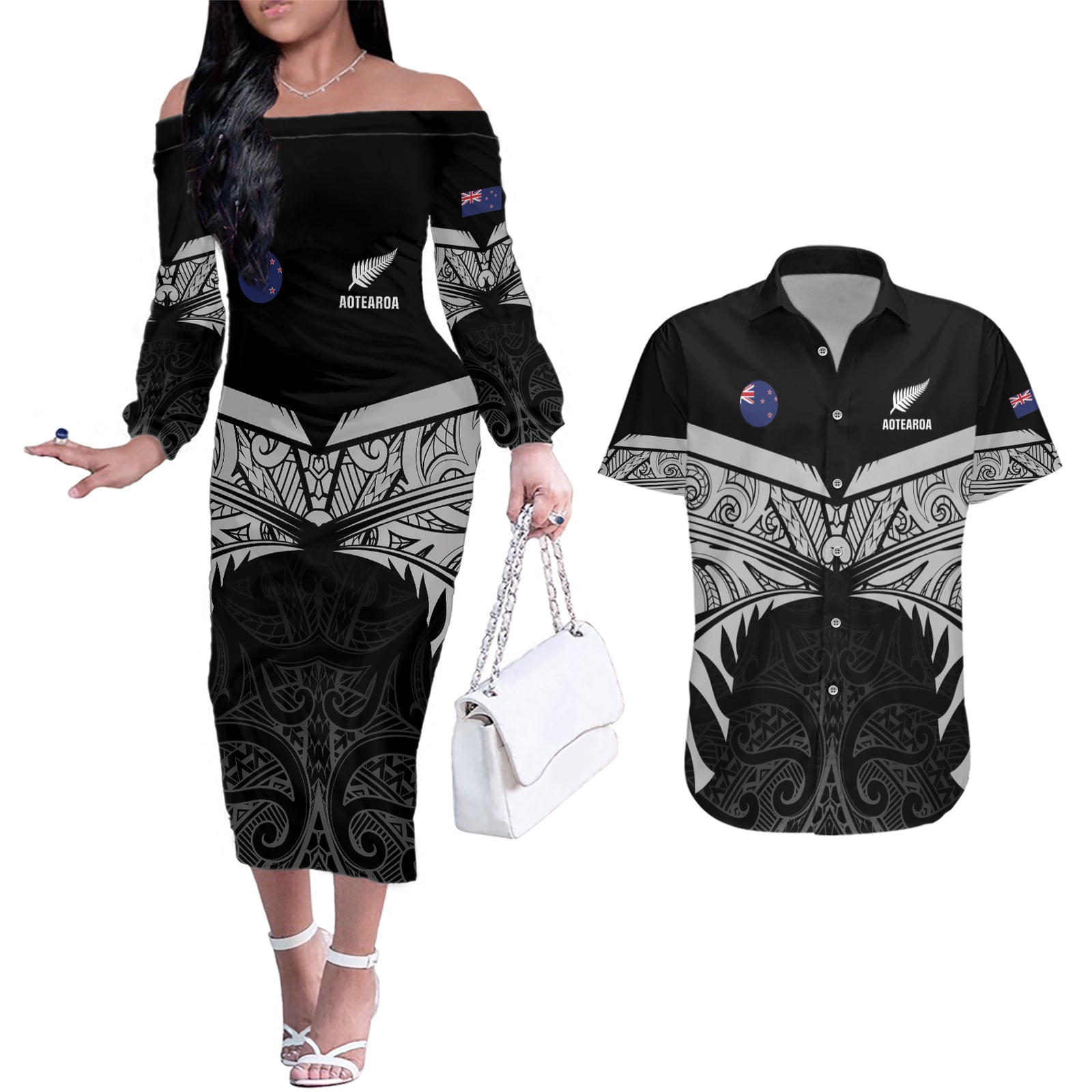 Custom New Zealand Cricket Couples Matching Off The Shoulder Long Sleeve Dress and Hawaiian Shirt Go Champions World Cup 2024 With Maori Pattern LT05 Black - Polynesian Pride