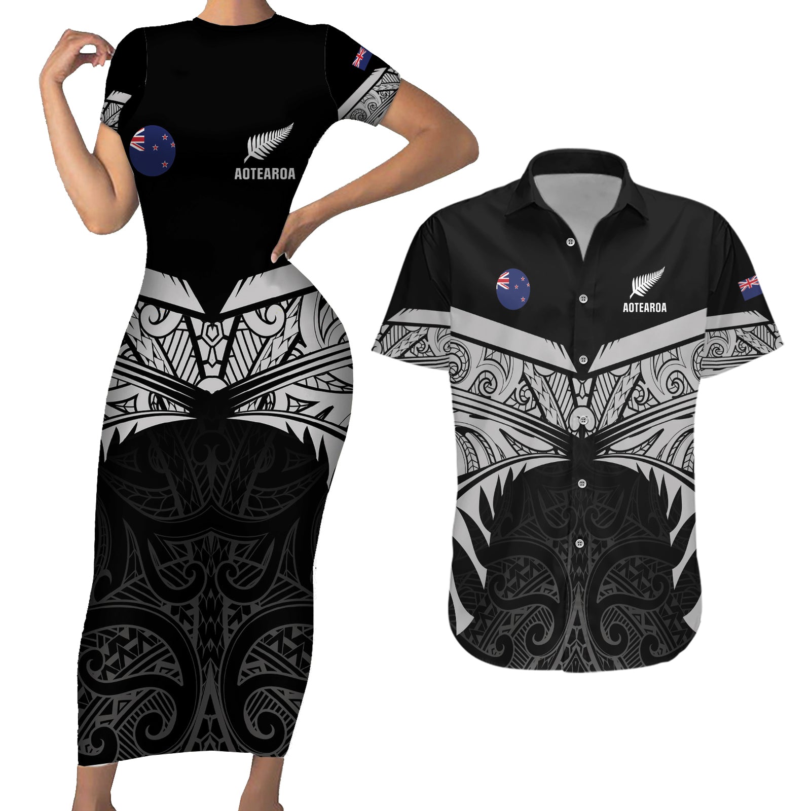 Custom New Zealand Cricket Couples Matching Short Sleeve Bodycon Dress and Hawaiian Shirt Go Champions World Cup 2024 With Maori Pattern LT05 Black - Polynesian Pride