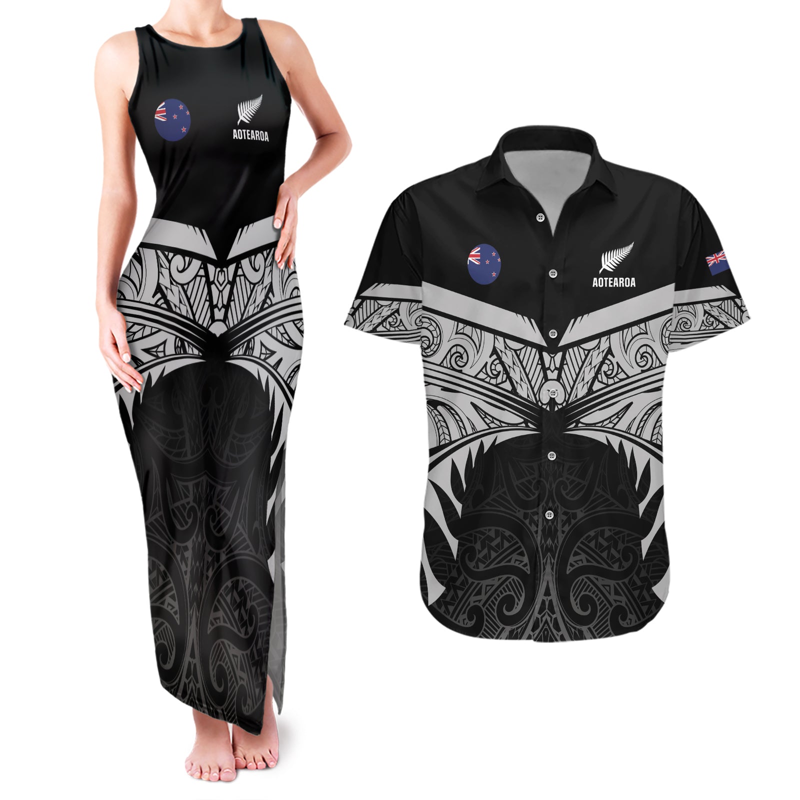 Custom New Zealand Cricket Couples Matching Tank Maxi Dress and Hawaiian Shirt Go Champions World Cup 2024 With Maori Pattern LT05 Black - Polynesian Pride