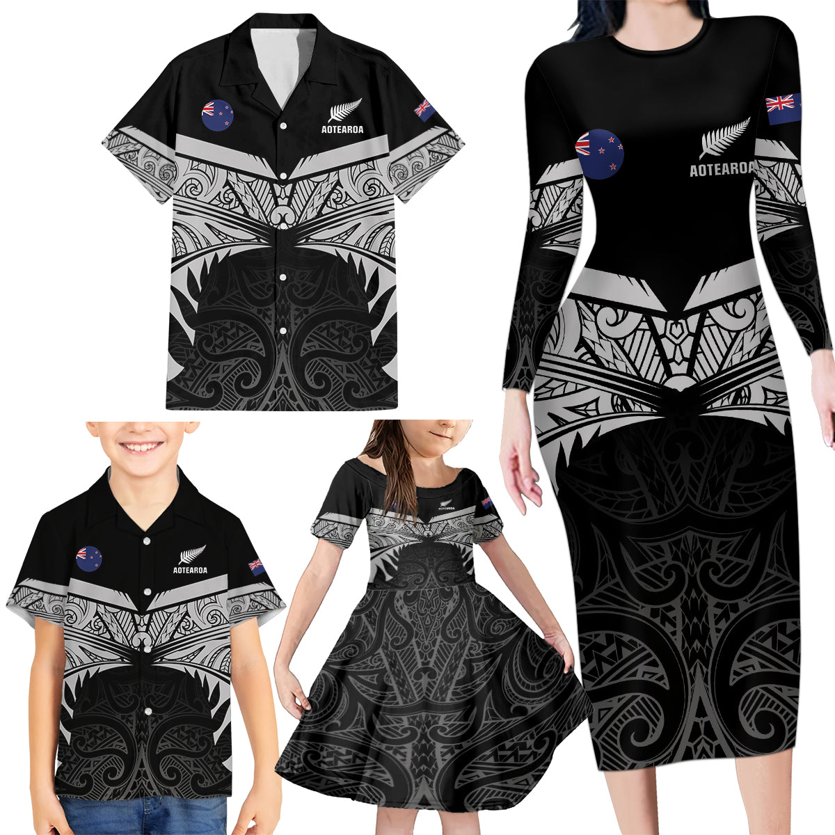 Custom New Zealand Cricket Family Matching Long Sleeve Bodycon Dress and Hawaiian Shirt Go Champions World Cup 2024 With Maori Pattern