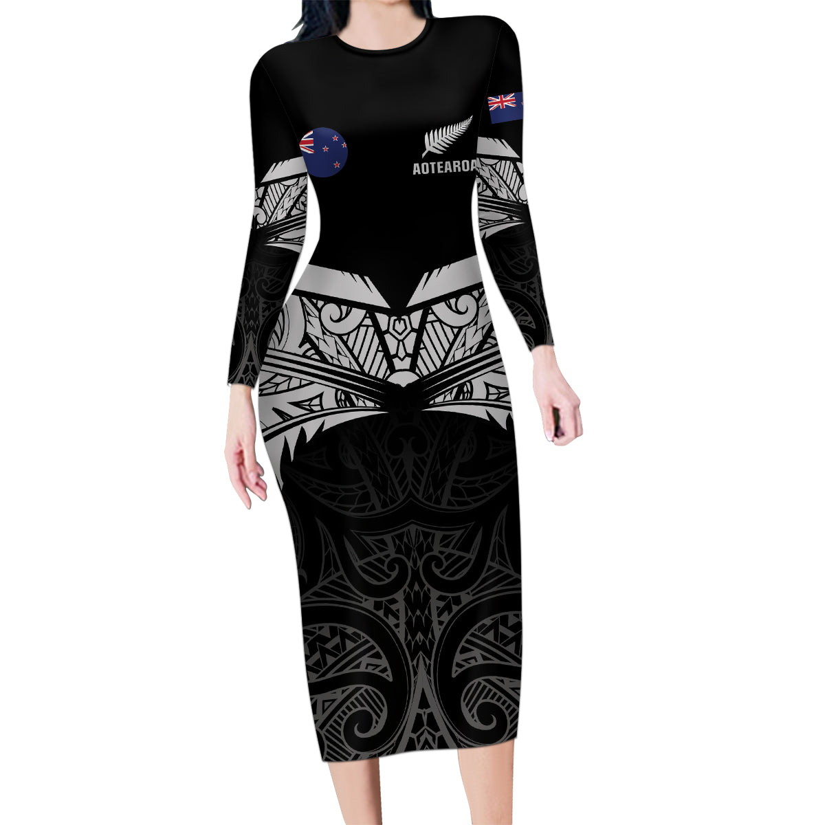 Custom New Zealand Cricket Family Matching Long Sleeve Bodycon Dress and Hawaiian Shirt Go Champions World Cup 2024 With Maori Pattern
