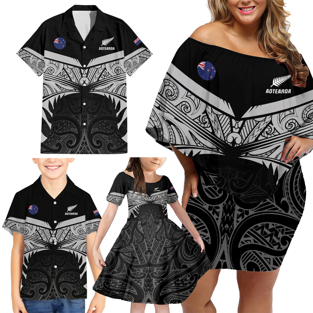 Custom New Zealand Cricket Family Matching Off Shoulder Short Dress and Hawaiian Shirt Go Champions World Cup 2024 With Maori Pattern