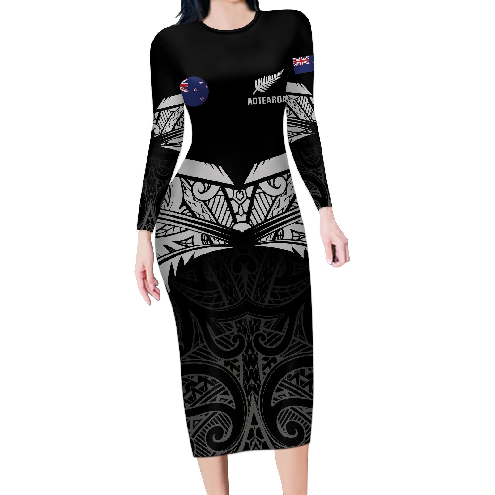 Custom New Zealand Cricket Long Sleeve Bodycon Dress Go Champions World Cup 2024 With Maori Pattern