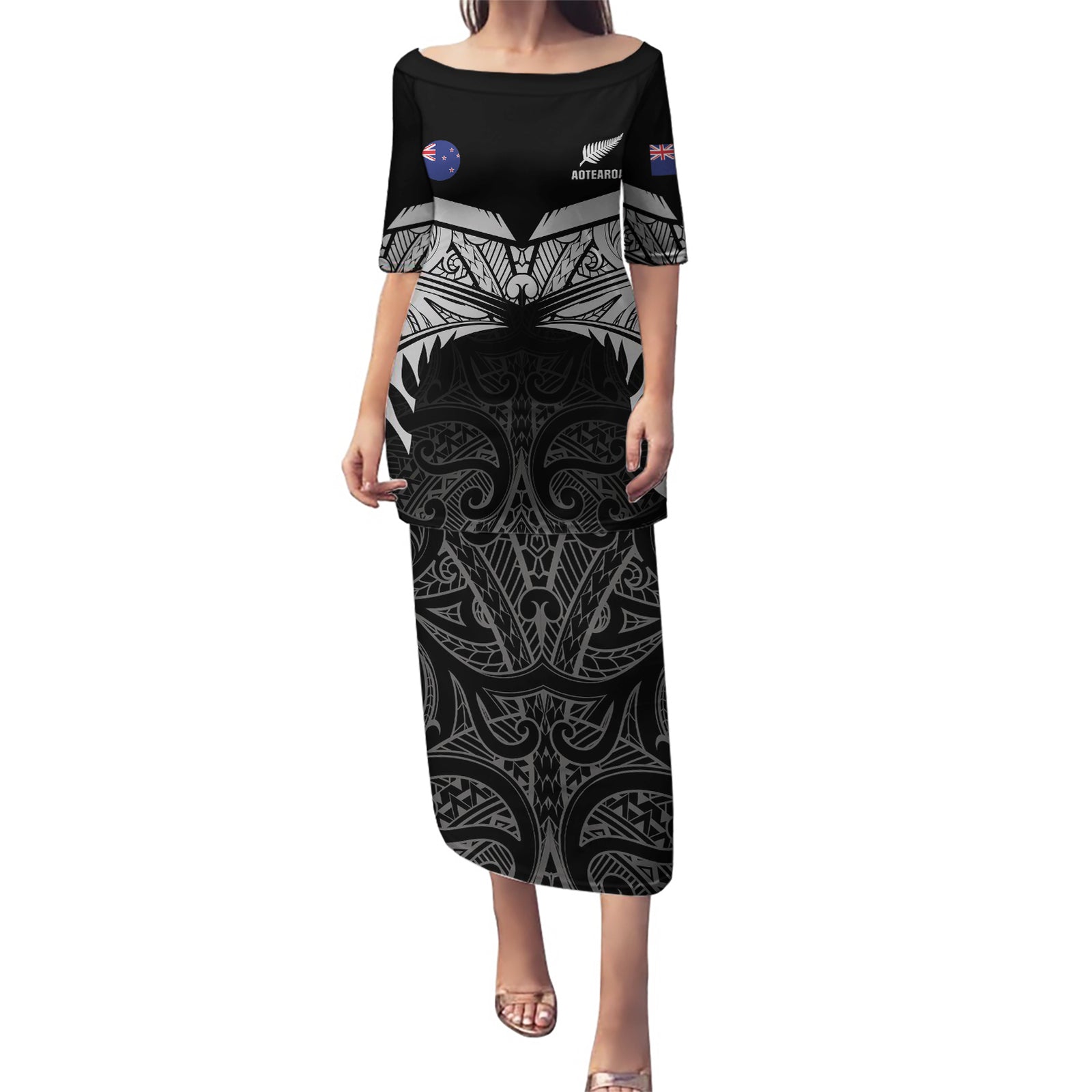 Custom New Zealand Cricket Puletasi Go Champions World Cup 2024 With Maori Pattern LT05 Long Dress Black - Polynesian Pride